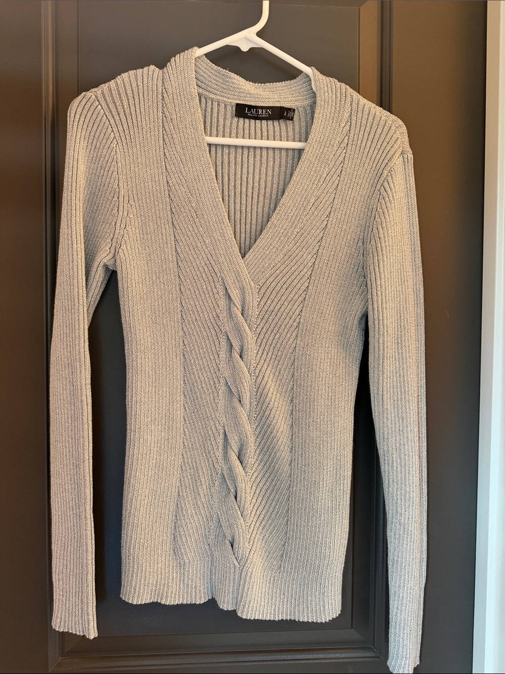 Lauren Ralph Lauren Silver Cable-Front V-Neck Sweater Size L
